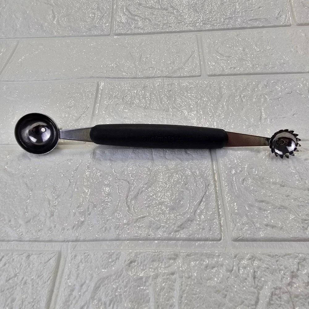 Chefmate Dual Sided Melon Baller Fruit Scooper Tool Black Silver Stainless Steel
